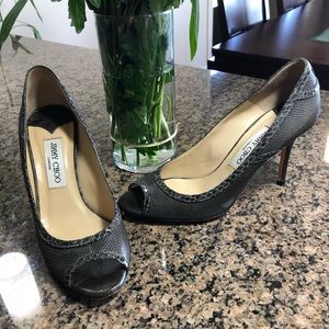 Jimmy Choo Open Toe Snakeskin Pumps